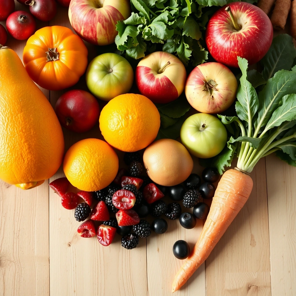 Alimentación balanceada con frutas y verduras